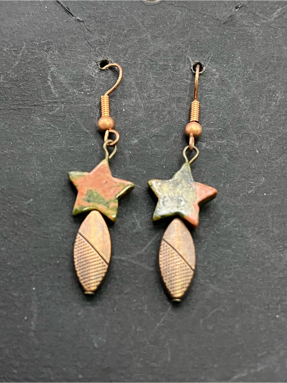 Handmade Copper Unakite Star Dangle Earrings Celestial Boho Artisan Green Pink